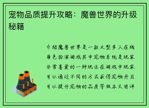 宠物品质提升攻略：魔兽世界的升级秘籍